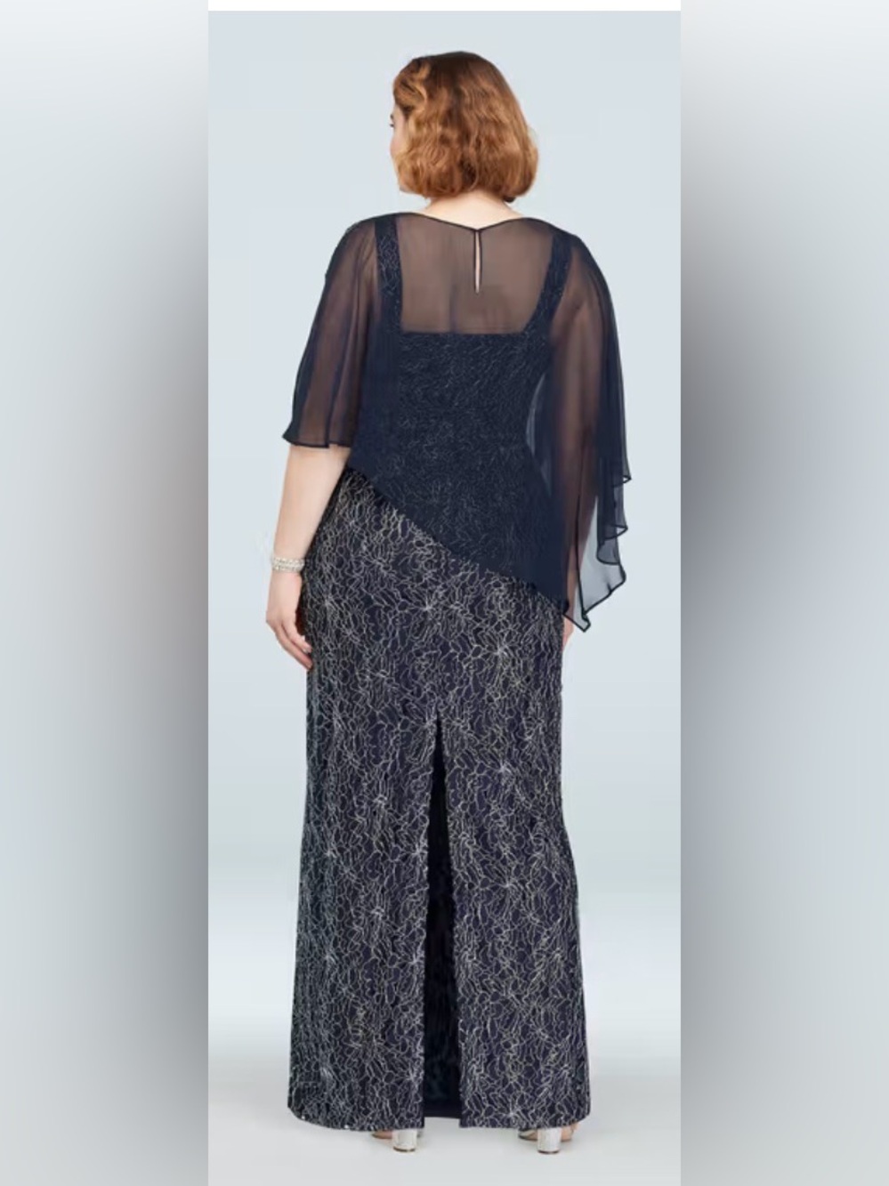 Plus Size Navy Evening Dress with Beaded Cap - Picture 2 of 6
